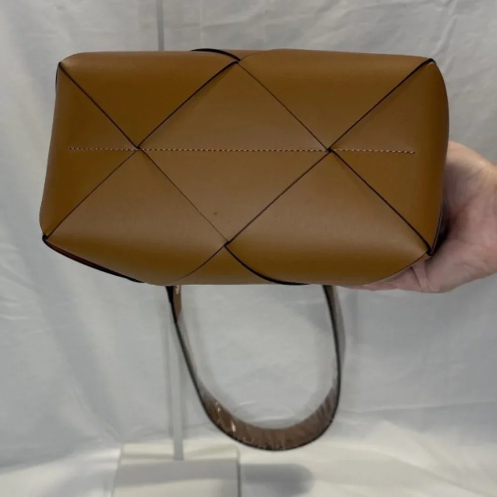 Caramel Woven Leather Bucket Bag, Loop Handles, Removable Shoulder Strap, NWOT - Picture 4 of 16